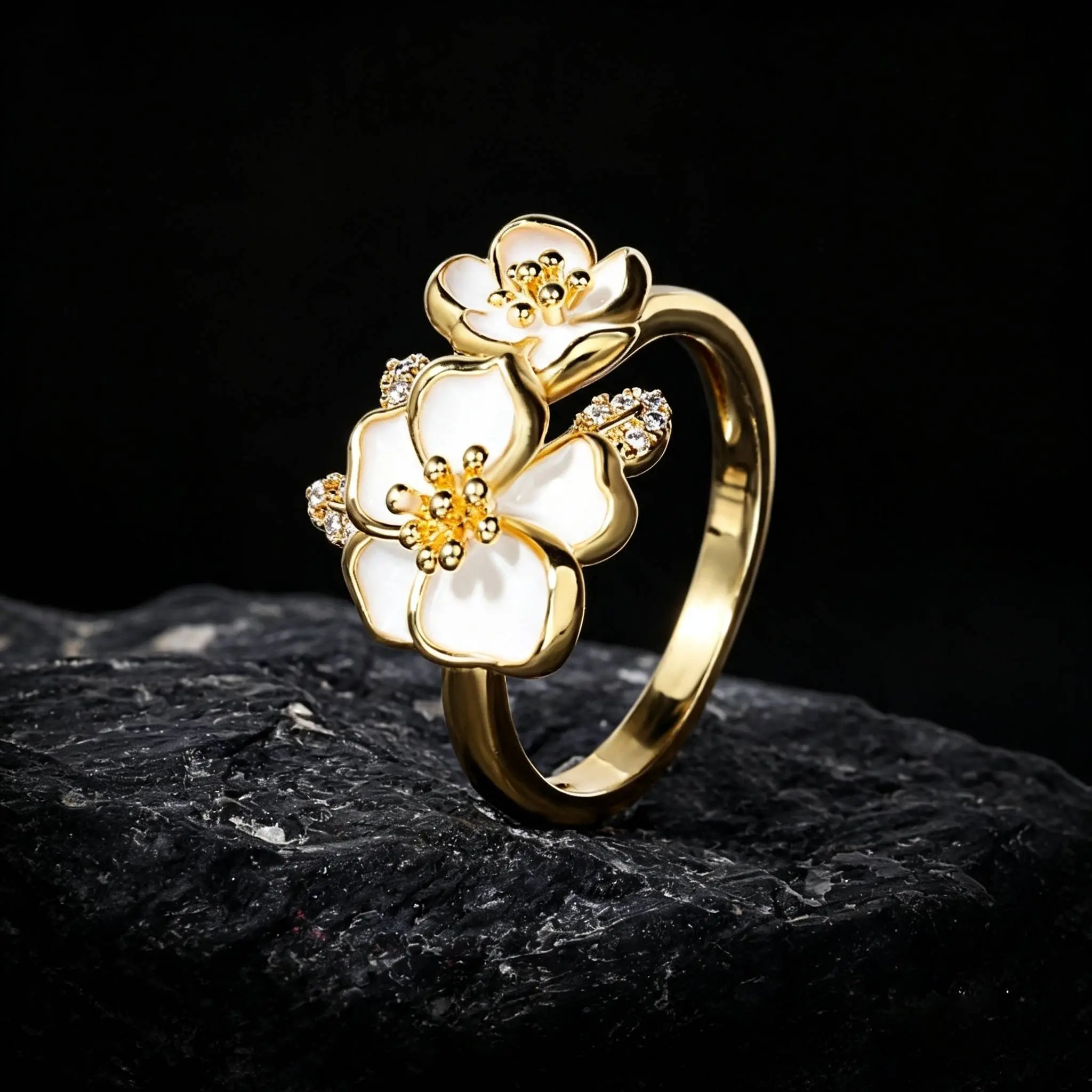New Chinese-style white pearl flower open ring with a delicate gold-rimmed design set with diamonds, featuring a soft cherry blossom motif; adjustable ring.