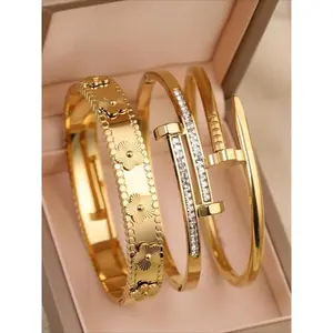 Soft Spark 3pcs fashionable 18K gold-plated stainless steel bracelets, suitable for women's gatherings, daily wear, personalized, generous, luxurious cubic zirconia wristbands, wedding jewelry sets, gifts for girls, women, relatives, and fr