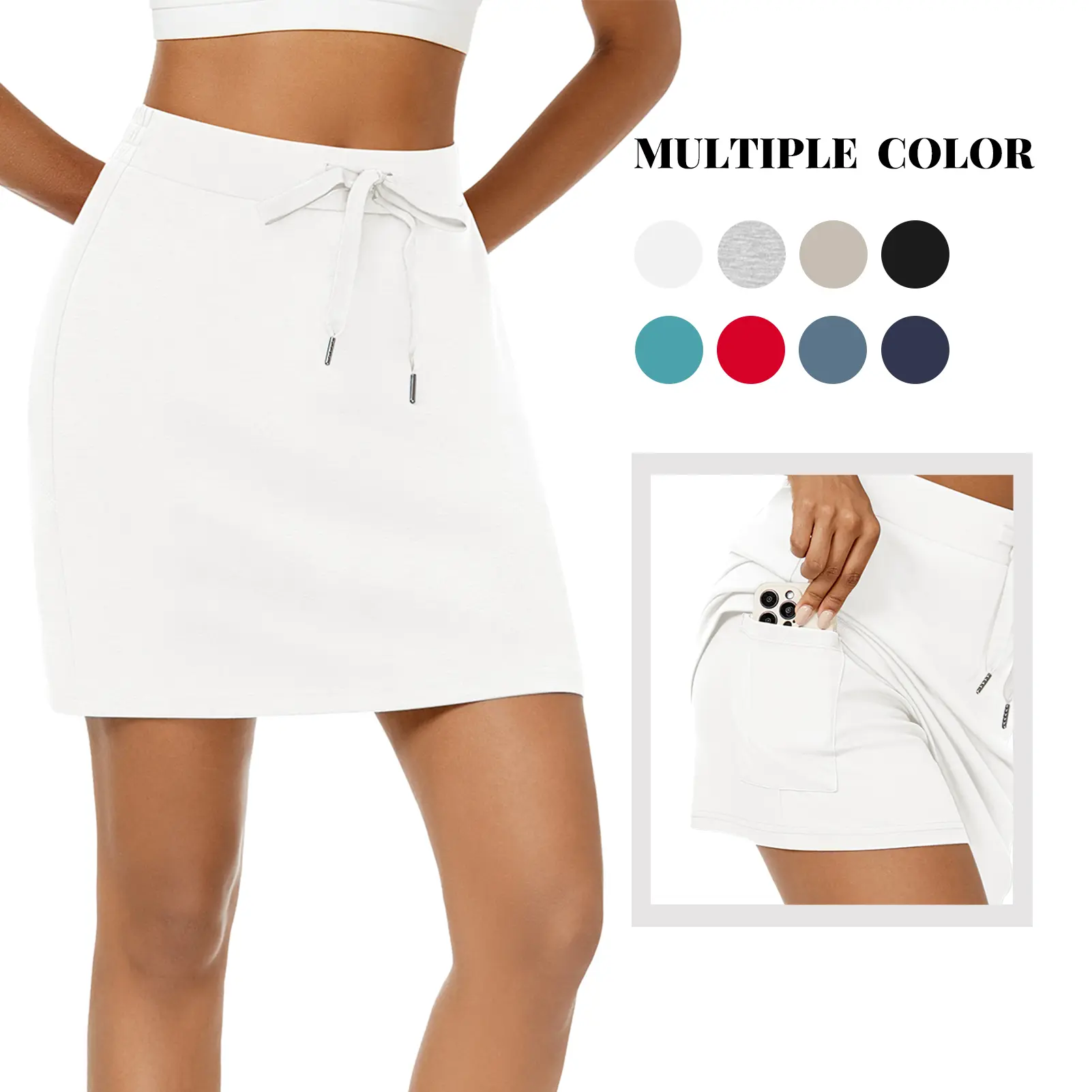 Casly Lamiit Women's Fitted High Waisted Skorts - Cotton French Terry Fabric, Elastic Waistband, Double-Layer Pockets, Gym-Ready Workout Active Sport Skort, Sporty Chic for Running & Summer Casual Home Wear, White