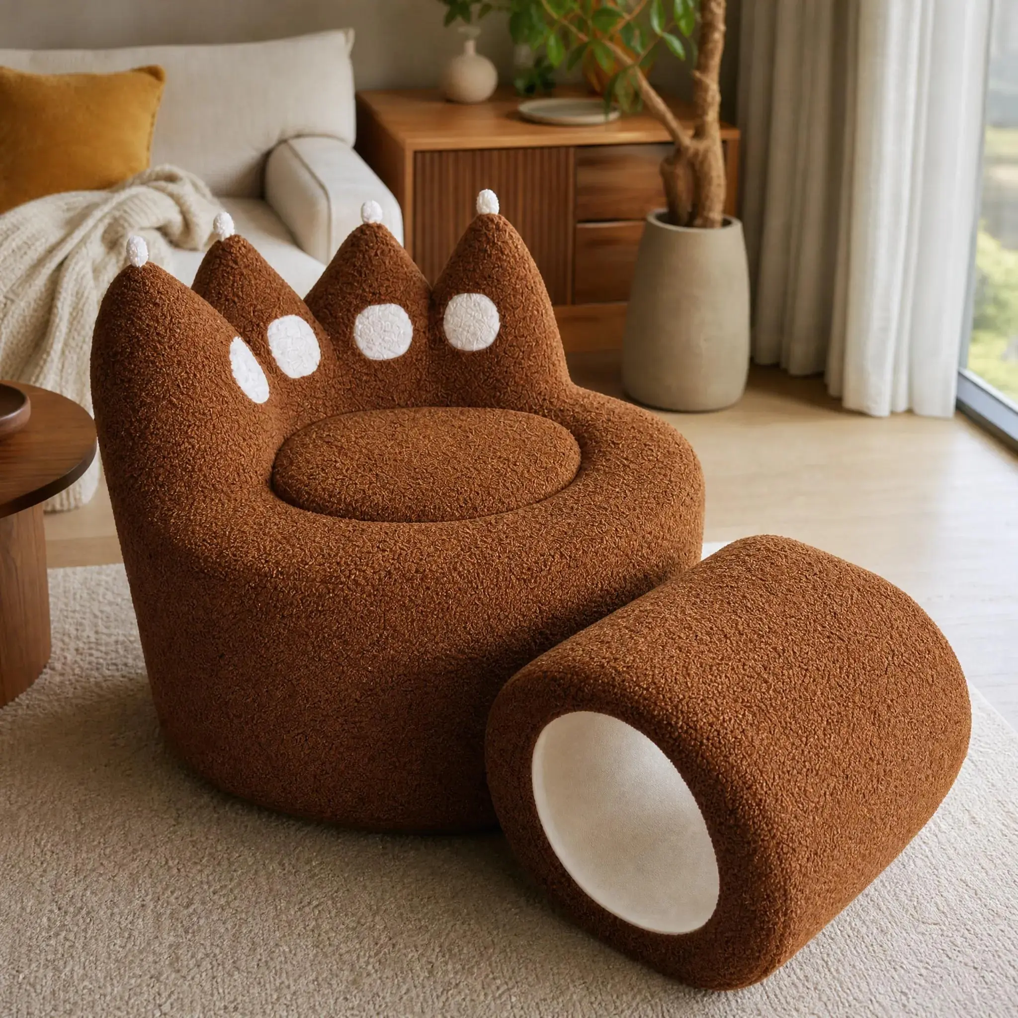 Oversized Cat Paw Round Lounge Chair, 31 Inch Deep Seat Single Sofa with Cat Tunnel Bed, Modern Corduroy Upholstered Reading Chair, Cute Human & Cat Shared Armchair for Living Room Bedroom Apartment