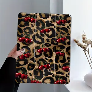 Personalized Leopard and Cherry Pattern Four-Corner Shockproof Tablet Case with Pen Slot, Foldable,Suitable for iPad Mini, Air, Pro 4,5,6,7(2017,2018,2019,2020,2021,2022,2023,2024,2025 models),and Samsung S6,7,8,9,10FE + A7 LTE tablet cases
