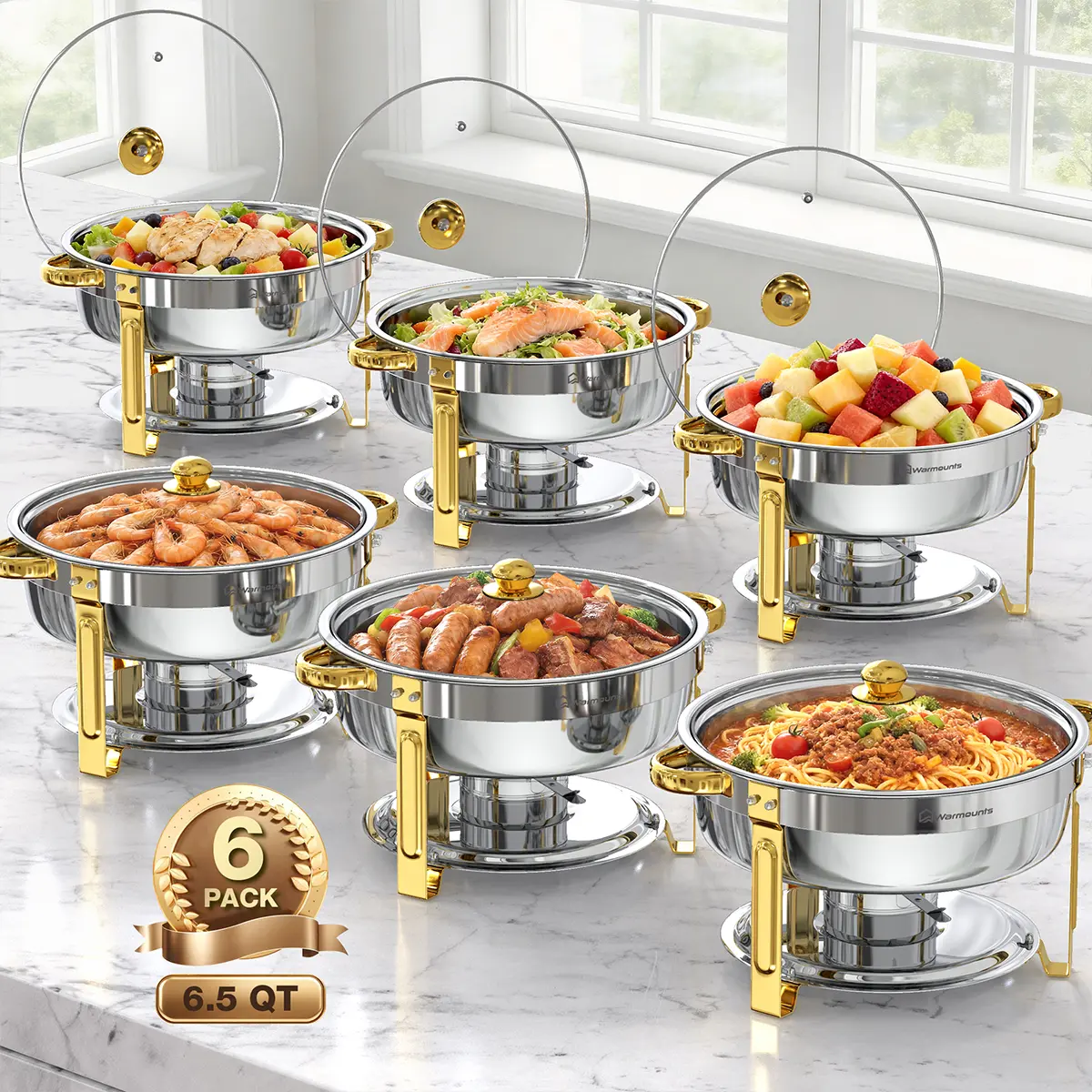 WARMOUNTS 6.5QT Gold Round Chafing Dishes (Kitchen Supplies, Bakeware) - Mirror-Polished Stainless Steel Buffet Warmers with Glass Lid, Rolled Rim, Stackable, Lid Holder, Dishwasher Safe (2/4/6 Pack) for Easter Brunch, Family Gathering