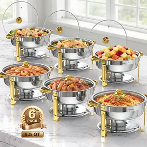 WARMOUNTS 6.5QT Gold Chafing Dishes for Buffet with Glass Lid , Round Chafers and Buffet Warmers Set with Mirror-Polished Stainless Steel, Rolled Rim, Stackable, Lid Holder for Parties, Weddings (2/4/6 Pack）