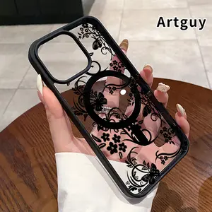 Compatible for iPhone iPhone 17 Pro Max 16 Plus 15 14 13 12 11 Air E Elegant Floral Vines Pattern Shockproof Non-Yellowing Crystal Transparent Acrylic Soft Case Supports Wireless Charging.