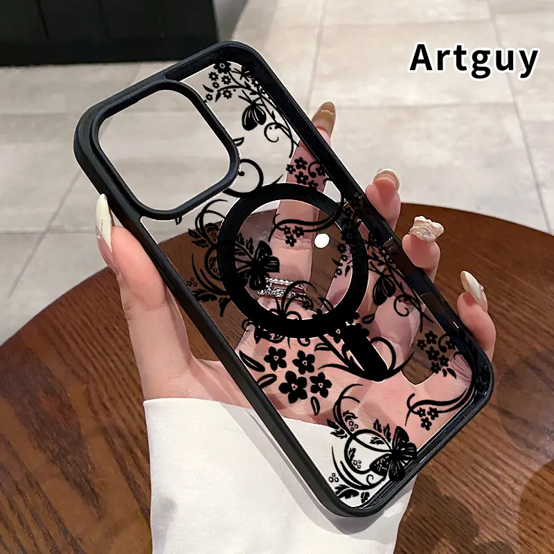 Elegant Floral Vines Pattern Shockproof Case for iPhone 17 Pro Max,16 Plus,15,14,13,12,11,Air - Non-Yellowing Crystal Transparent Acrylic Soft Smartphone/Cellphone/Handheld Device Cover with Protection & Wireless Charging Support, Flowers, Devices