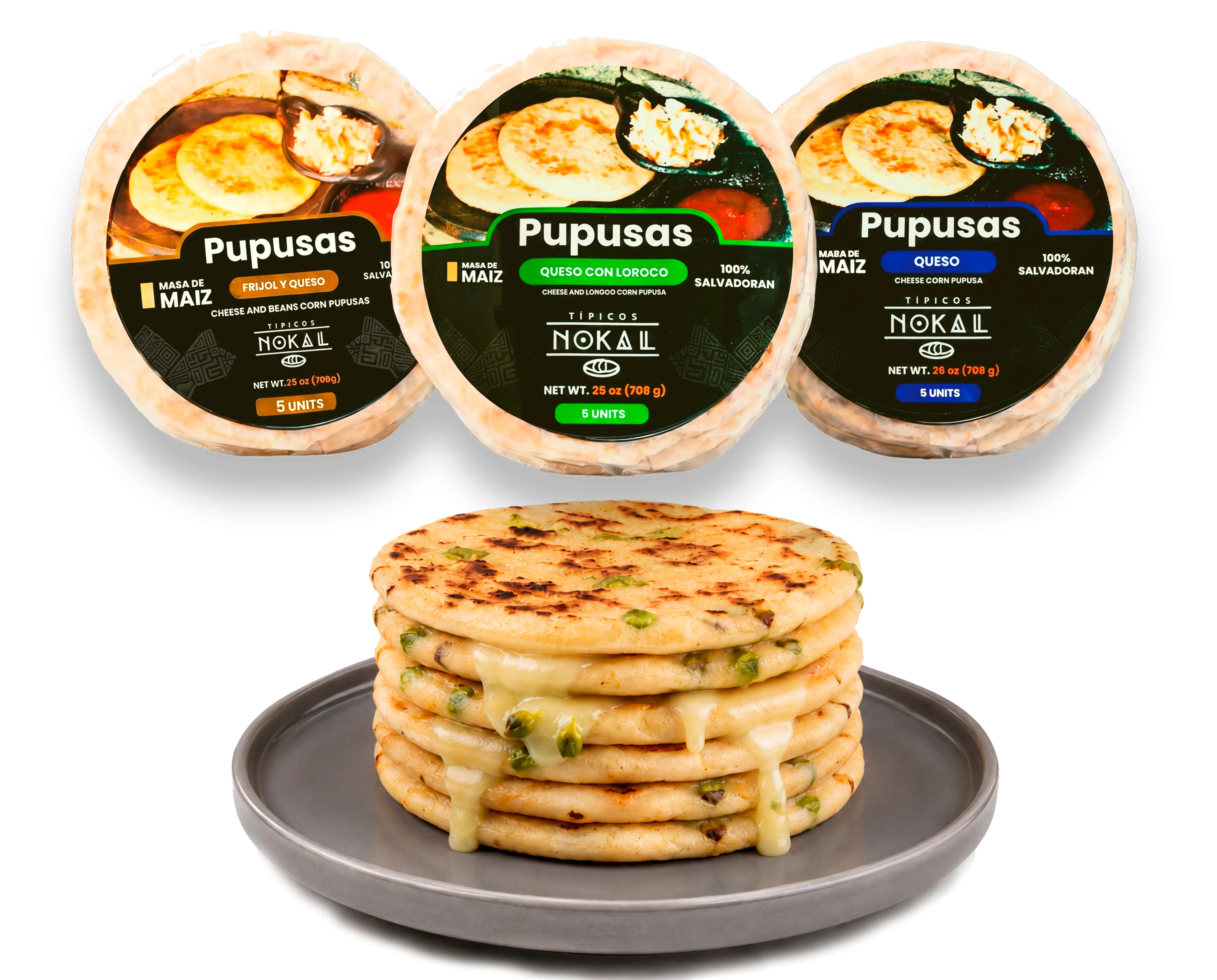 Typical Nokal Pupusas Mix, 5 Cheese, 5 Bean & Cheese and 5 Cheese & Loroco Pupusas, Authentic Salvadoran Pupusas, 15 Count, 75 Ounce Family Pack