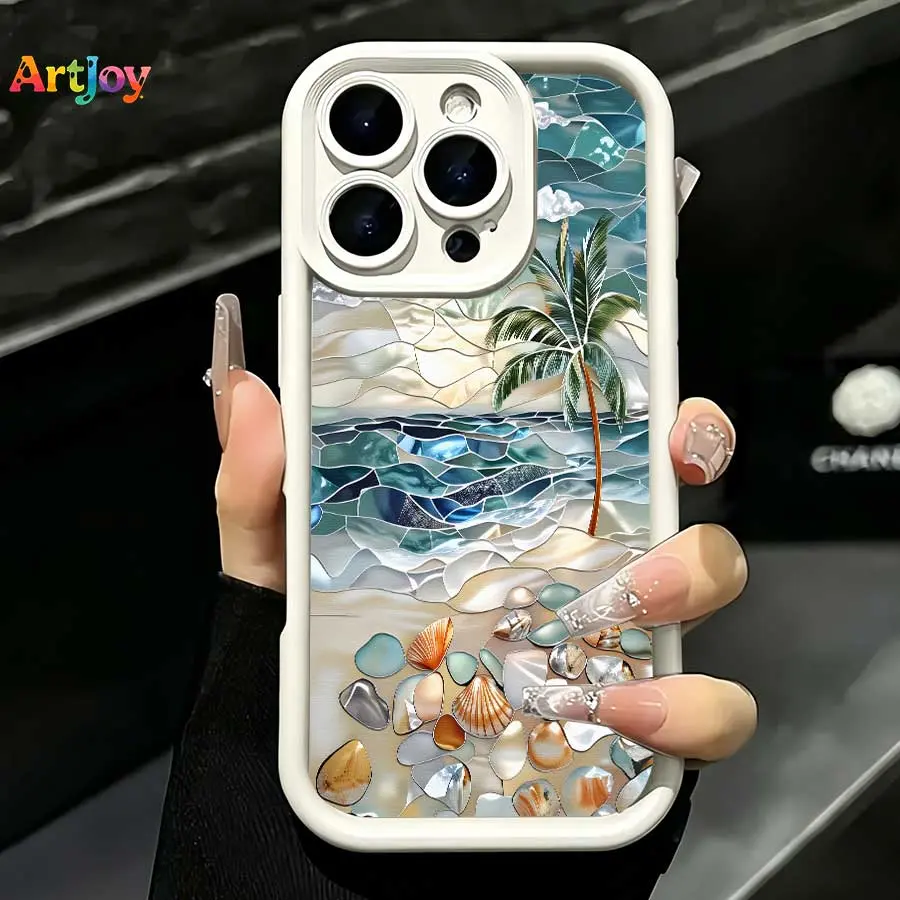 Tropical Stained Glass Style Beach Seashell Matte Silicone Case,For Galaxy S25, S24, S23, S22, S21 PLUS, FE And Ultra,A33 Compatible With For Iphone17 Pro Max, 16, 15, 14 And 13. It Makes A Perfect Gift For Birthdays, Holidays, Accessories, Durable