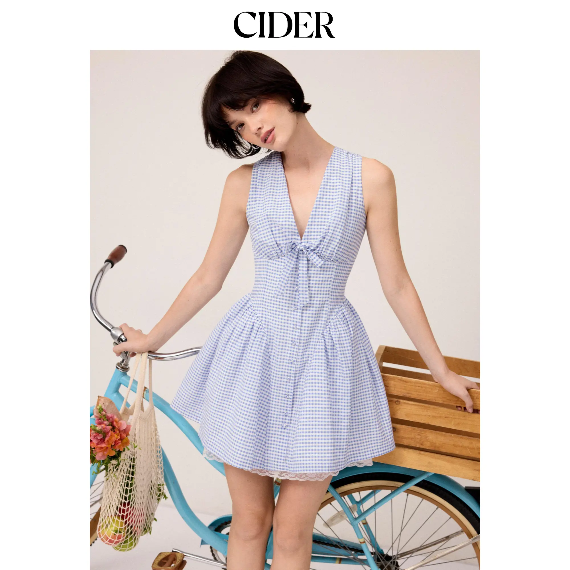 Cider Women's Polyester Mix Gingham A-Line Babydoll Mini Dress - Cute V-Neck, Soft Lace Bow, Sleeveless, Mid Waist, Mini Doll Look, Casual Wear, Lacy