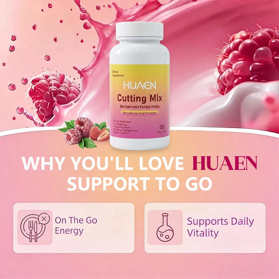 HUAEN Cutting Mix Capsules-Strawberry Açaí Flavor – 60 Capsules, Magnesium,Yerba Mate,5-HTP,Chromium,Berberine,Vegan,Gluten-Free,Vegetarian
