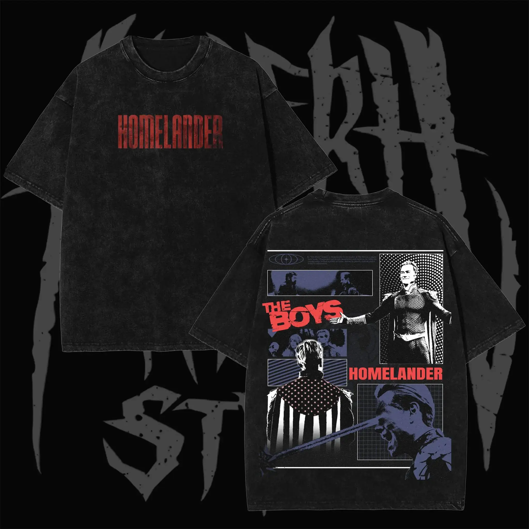 Retro Homelander "The Boys" Collage Edition Graphic Double-Sided Vintage Washed T-Shirt, Unisex Oversized Heavyweight Cotton Streetwear Top, Ideal Gift for Superhero Drama Fans & Anti-Hero Collectors