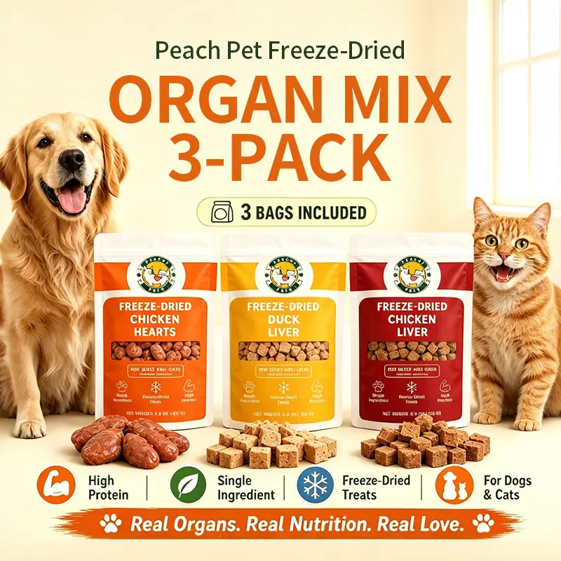 Peach Pet Freeze-Dried Organ Variety Pack for Dogs & Cats | 3-Pack (3.5oz Each) | Chicken Liver, Duck Liver & Chicken Hearts | Single-Ingredient | All-Natural | High Protein