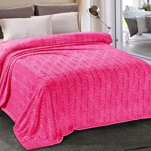 Flannel Fleece King Size Blanket for Bed, Soft Fluffy Velvet Bedspread Coverlet with Decorative Vintage Pattern for All Season, Warm and Lightweight, 90x104 Inch, Hot Pink