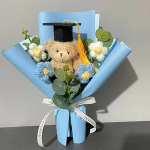 Woven Flower Bouquet and Bear Bouquet, Faux Daisy Eucalyptus, Artificial Mixed Flower, Artificial Eucalyptus Leaves and Bow Ribbon Decor, Perfect Gift for Graduation, Teacher's Day, Valentine's Day