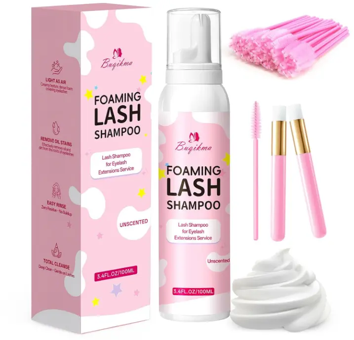 Buqikma Foaming Lash Shampoo Eyelash Extension Cleanser 3.4Fl Oz, Unscented | Tear-Free, pH Balanced, 3X Concentrated Lash Cleaner for Lash Extensions