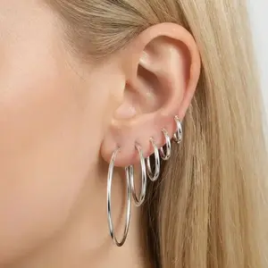 5 Pairs Silver Hoop Earrings for Women Big Hoops Stack Earring 14K Gold Silver Hoops Earrings Hypoallergenic Silver Hoop Earring for Women Medium 10/15/20/30/40mm