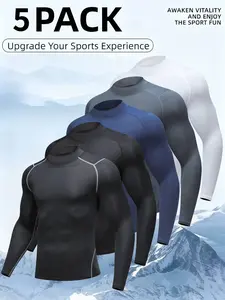 Men's 5-Piece Athletic Set: High-Neck, Long-Sleeve Tops; High-Elasticity, Slim-Fit Design; Featuring Athletic Stripe Accents; Breathable, Moisture-Wicking, and Quick-Drying Fabric; Available in Multiple Colors. Premium Compression Athleisure Sweatsuit Fit