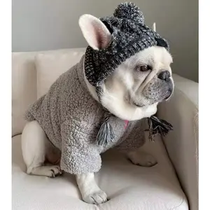 French Bulldog Winter Warm Hat Windproof Knitted Dog Hat with Pom-Pom Stylish Pet Accessory for Small Dogs Like Chihuahuas and Pugs