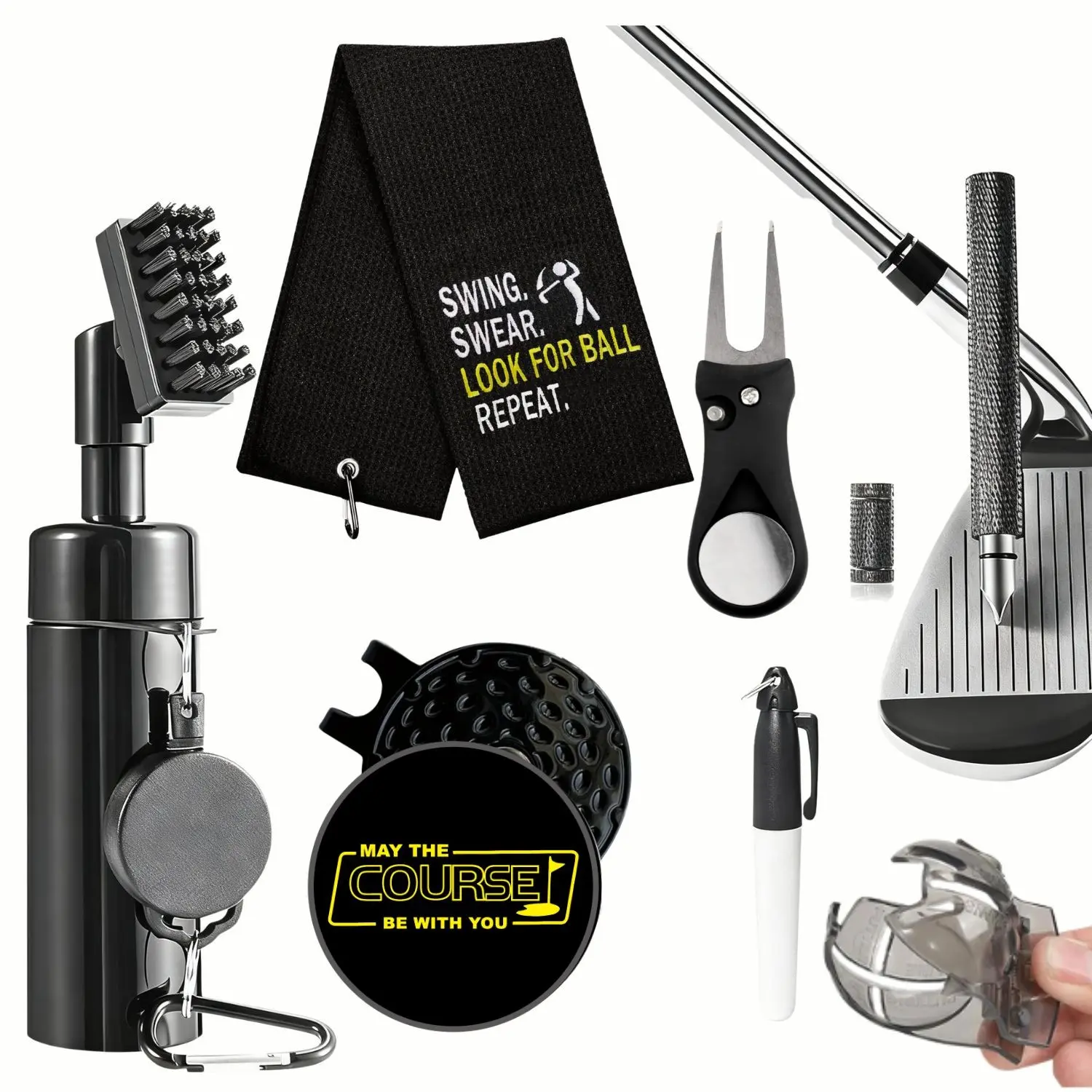 Golf Club Cleaning Kit with Golf Club Cleaner, Water Golf Towel, Divot Repair Tool, Groove Sharpener, Golf Ball Alignment Kit, Golf Accessories, Golf Pack, Golf Equipment, Christmas Gift For Golf Lovers, Golf Supply