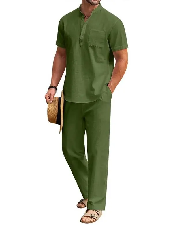 COOFANDY Men's 2 Pieces Cotton Linen Set Short Sleeve Henley Shirts Casual Loose Pants Summer Beach Yoga Outfits Classic Menswear