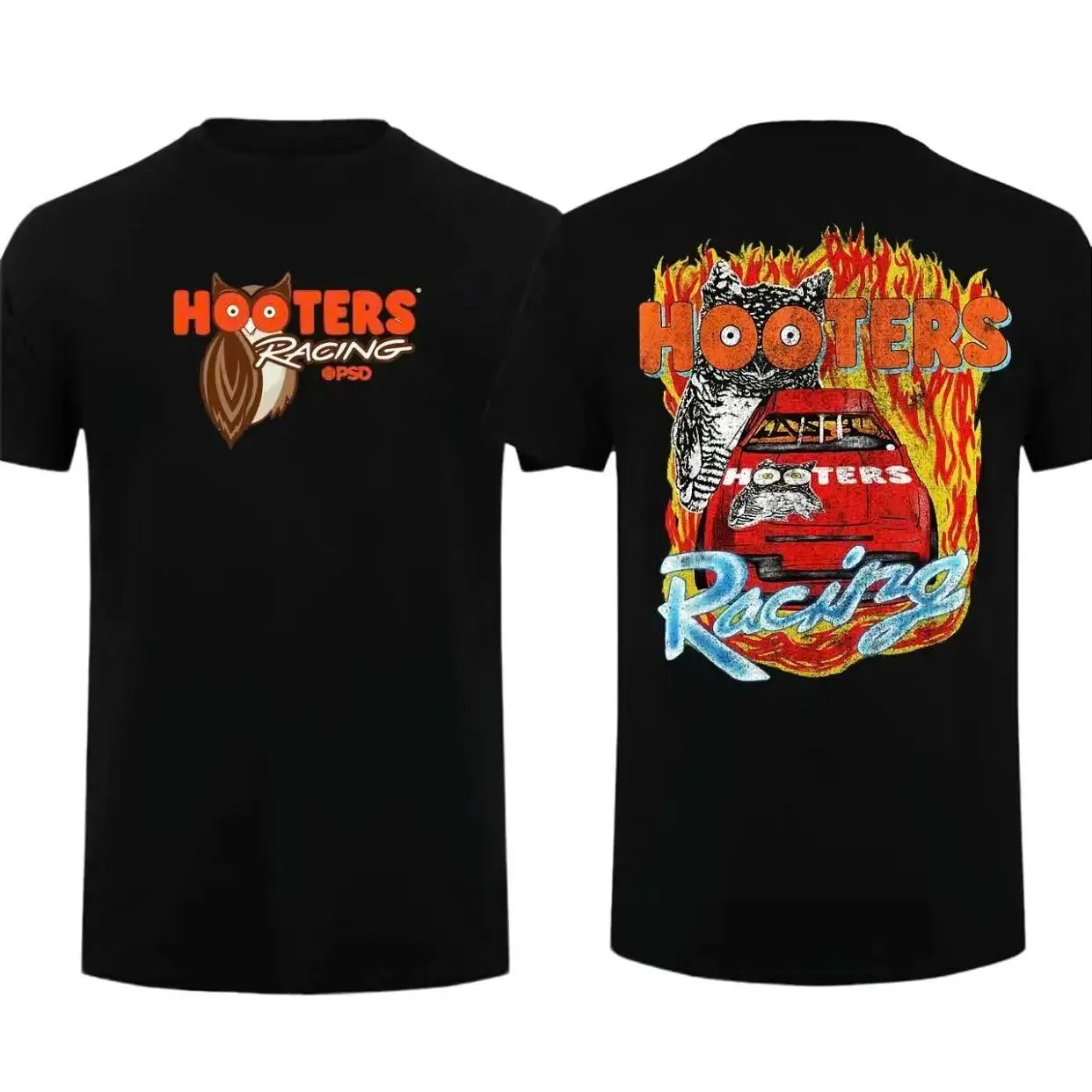 Hooters Racing Speed & Flame Graphic Tee - Short-Sleeve Round Neck Unisex Casual Cotton Car Lover Sports Top, Shortsleeve