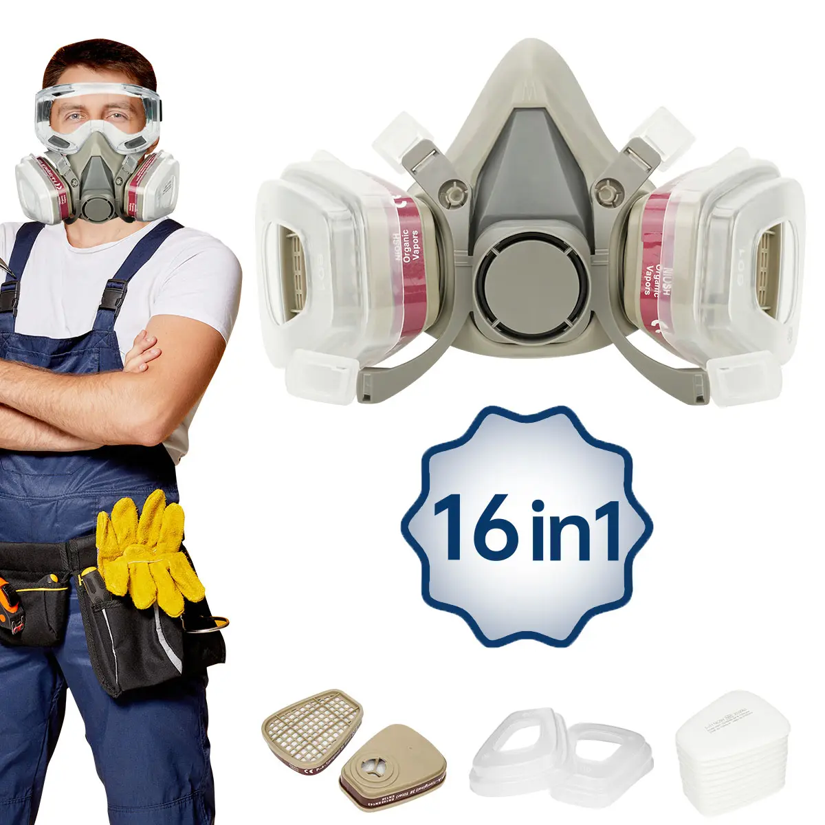 Reusable Half-Face Respirator Mask Set with Safety Goggles, Filter Cartridges – Anti-Dust Paint Spray Protection for Construction Workers, Woodworking, Outdoors Home Improvement Safety