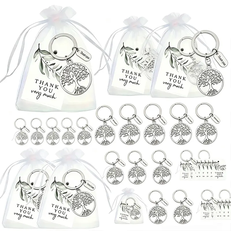 60pcs/20sets， Adult party gift decoration Tree of Life keychain gift with 20pcs green leaf thank-you cards, 20pcs organza bags, and 20pcs keychains Graduation season Thanksgiving Teacher's Day gift, Christmas party souvenir Adult party souvenir