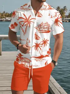 2-Pack Summer Vacation Style Tropical Printed Shirt and Shorts Set, Casual Comfortable Beach, Perfect for Relaxing Days