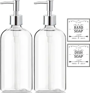 Clear Soap Dispenser with Rust Proof Pump, Waterproof Labels (2 Pack,16 Oz), Plastic Hand Soap Dish Soap Dispenser for Kitchen Bathroom
