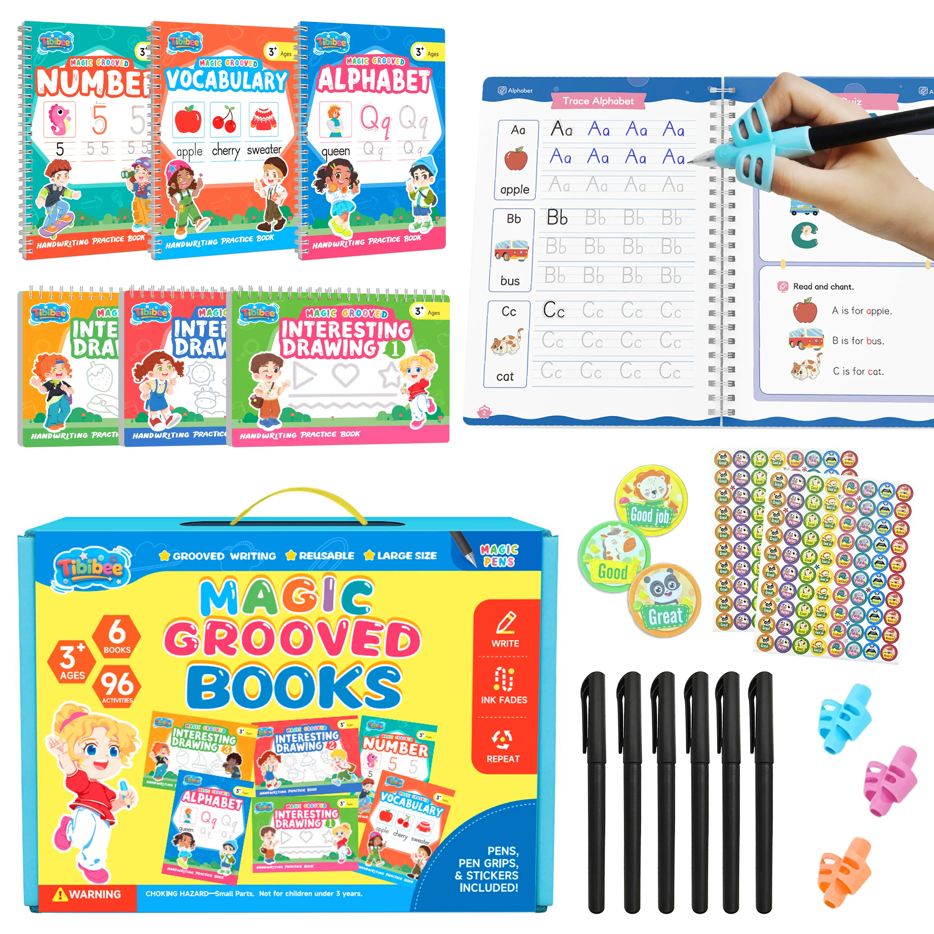 Tibibee 6-Book Magic Handwriting Set, Reusable Grooved Practice Workbooks for Kids Ages 3-8. Disappearing Ink Design for English, Math & Drawing Learning, Screen-Free Educational Toy, Ideal Learning Gift for Preschool & Kindergarten Children