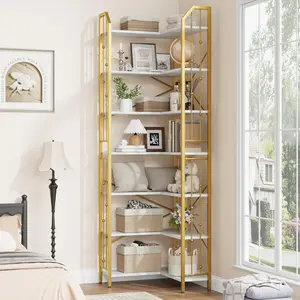 Garvee Modern Industrial L-Shaped Corner Bookshelf, 86" Tall 7-Tier Bookcase with Arched Beaded Design, Space-Saving Metal Frame Display Rack for Living Room, Bedroom, Office in Gold and White Relief