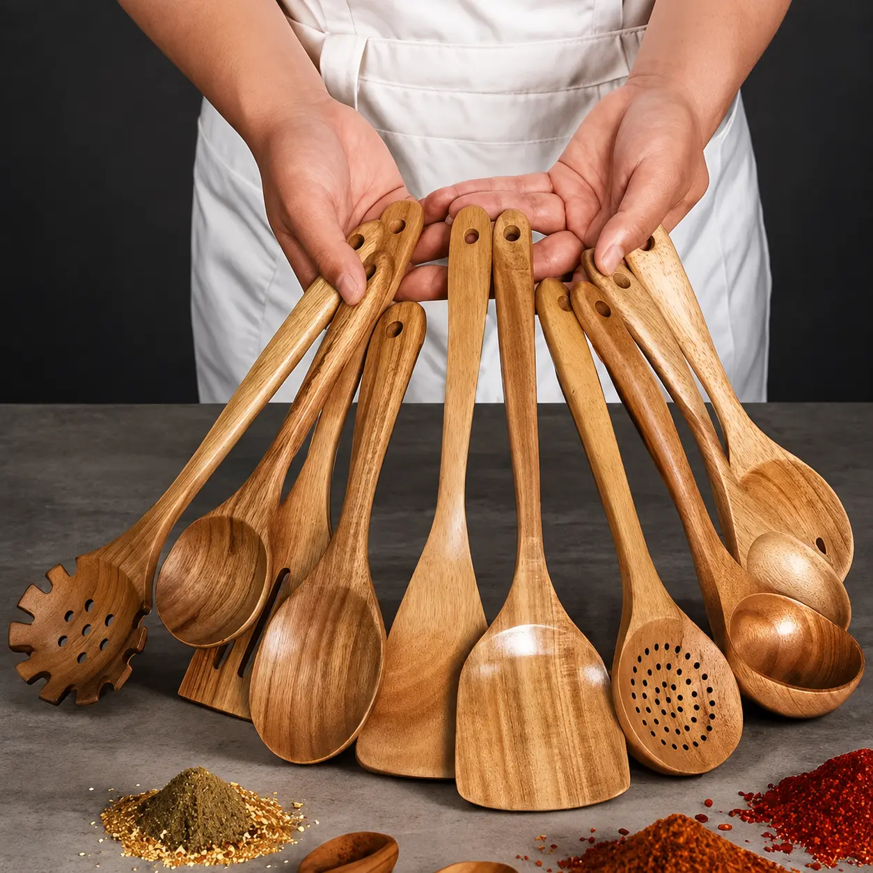10-piece wooden kitchen utensil set, nonstick cookware set featuring ergonomically designed handles—natural wood spoon, stirring spatula, and frying pan spatula—suitable for nonstick pots; heat-resistant, easy to clean, and durable kitchen essentials and