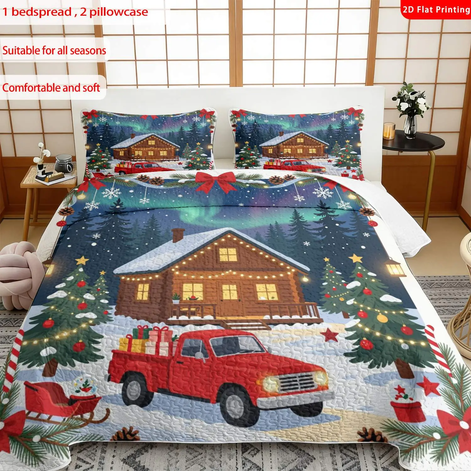 3pcs, 2D flat print Christmas cabin truck pattern bed cover set, winter holiday theme, multiple sizes available, bedding set, festive decorative bedding, ideal for bedroom décor(1 bedspread , 2 pillowcase)