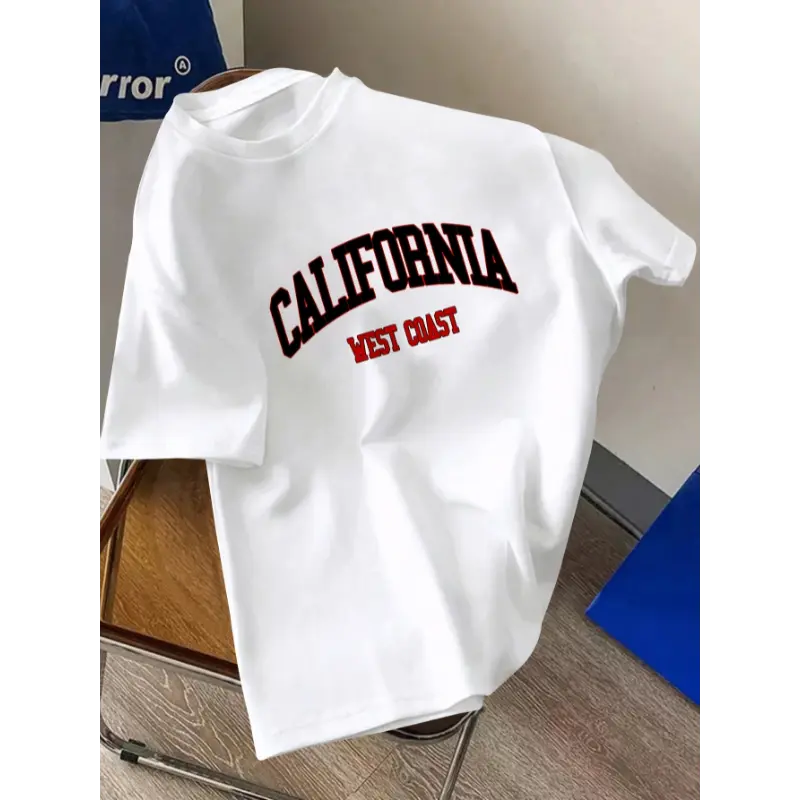 USA Made Men's Graphic T-Shirt, Casual Streetwear Boxy Cut in Soft Breathable Combed Cotton, Tropical Fabric with California Print