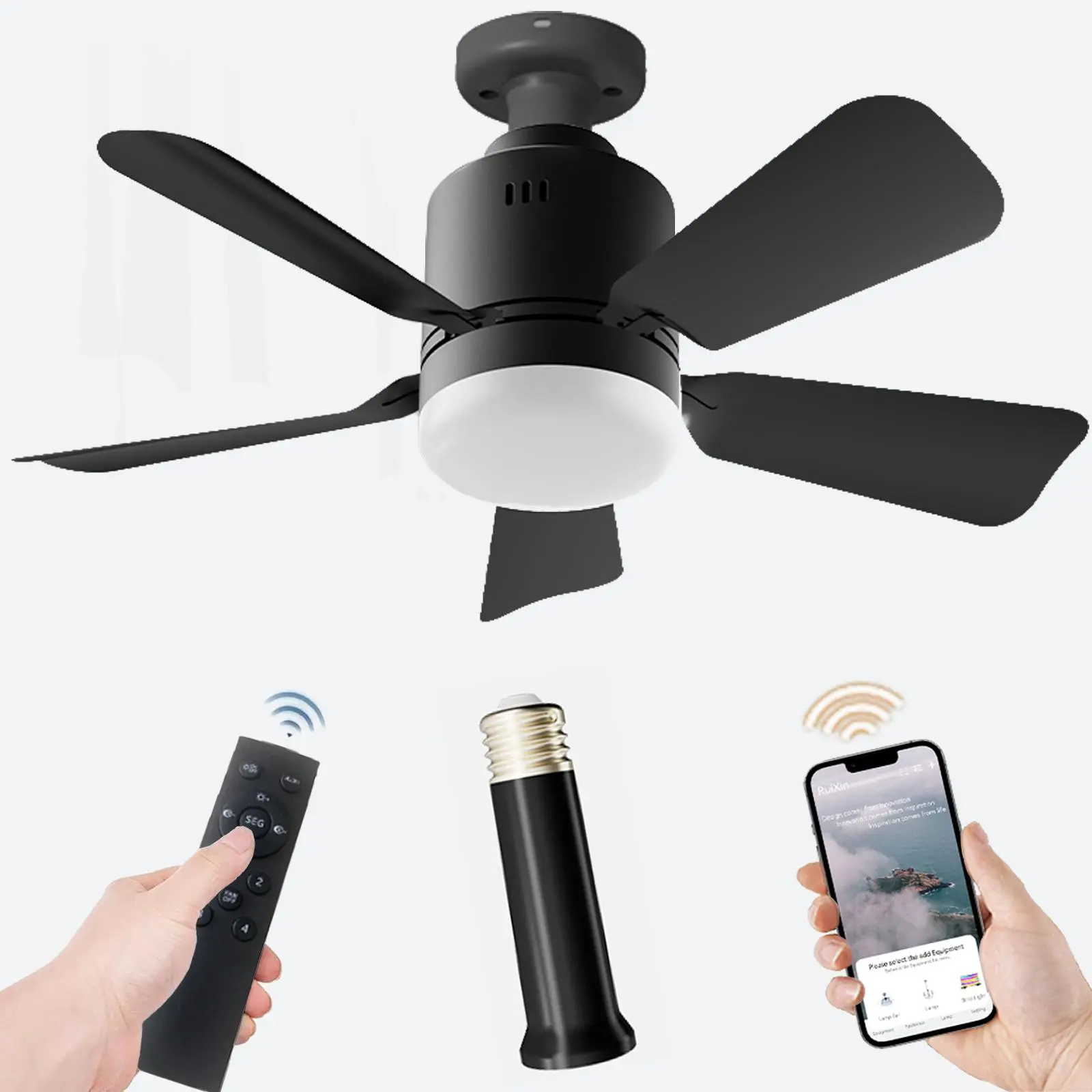 Socket Fan Light with Remote, E27 Base, Portable Small Hanging Fan Light, 5 Blades, 4 Wind Speeds Ceiling Fan Lamp for Bedroom, Living Room, Kitchen, and Laundry Room