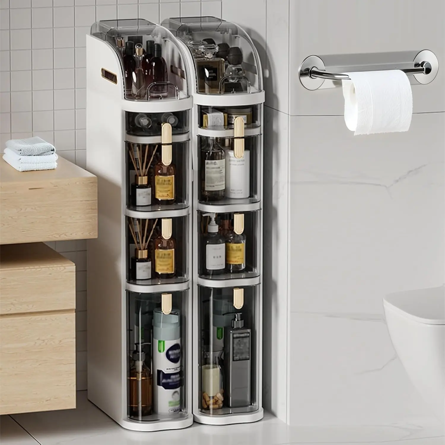 4-Layer White Qeetex Slim Waterproof Storage Narrow Rolling Tower Cart, Bathroom Cabinet with 4 Drawers, Tissue Box and Magnetic Door for Small Spaces, Narrow Rolling Cart, Four Drawers
