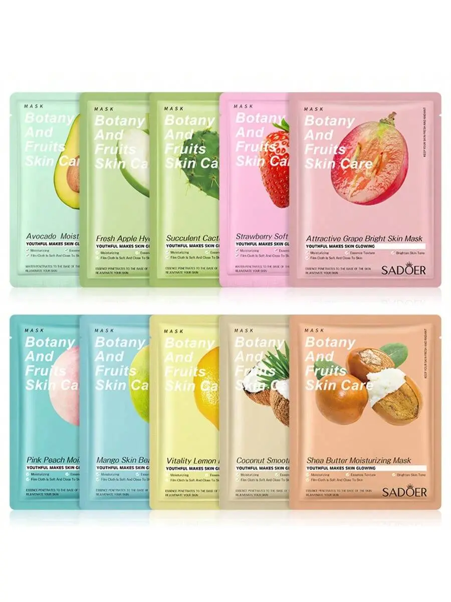 SADOER Botany & Fruit Sheet Mask Multi-Pack - 10pcs Moisturizing, Refreshing Facial Skincare Set with Avocado, Peach, Mango, Coconut, Shea Butter Masks for All Skin Types, Moisturizer, Hydrate, Facial Care, Natural Fruits