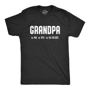 Mens Grandpa The Man The Myth The Bad Influence T shirt Funny Grandfather Papa Mens Funny T Shirts Cool Vintage Fashion T-Shirt Gift Classic Menswear Funny Grandpa Short Sleeve Novelty Tees for Guys Black -