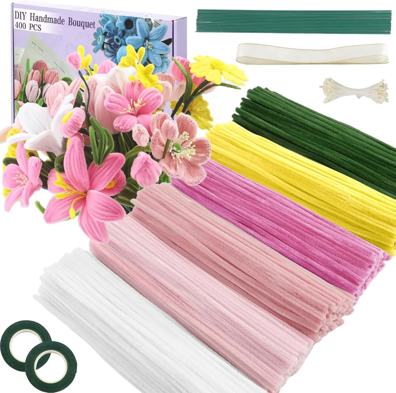 Chenille Stems Pipe Cleaners Craft Bulk (400-600 Pcs) - 6 Assorted Colors, 100 Stamen, 2 Adhesive Tapes, Floral Wires, Ribbon for DIY Artificial Flower, Floral Bouquet, DIY Home Projects (Adults' Home Decor Supplies)