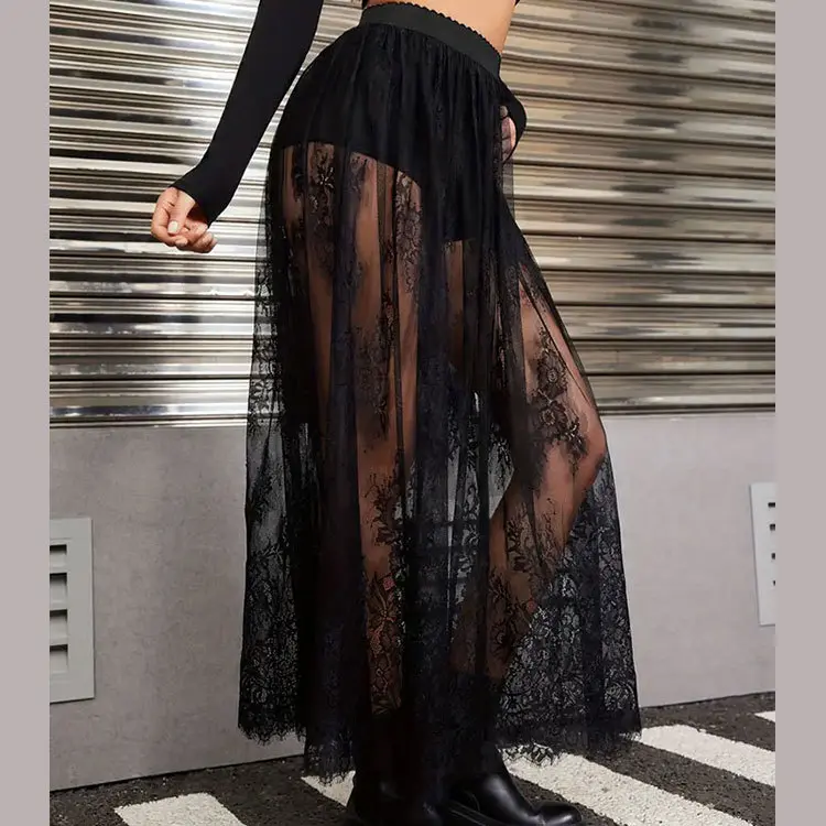YESFASHION Women's Gothic Maxi Skirt - Sheer Floral Lace Polyamide Layering Piece with High Elastic Waist, See-Through Bottom - Skirts for Women for Everyday, Evening, Edgy Streetwear - Refer to Size Chart LXX