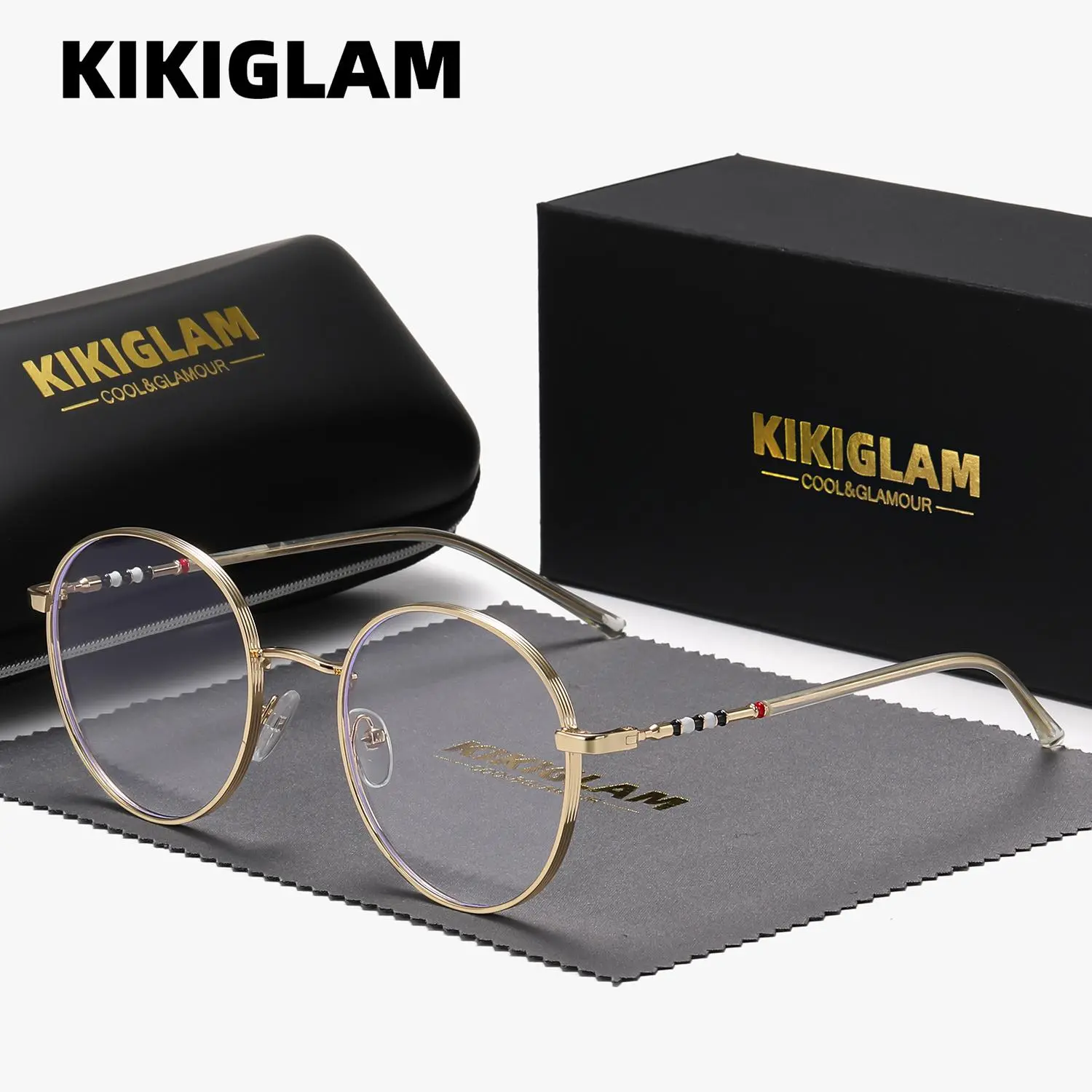 KIKIGLAM Unisex Luxury Craftsmanship Fashion Trendy Round Metal Frame plano glasses, Plano lenses, exquisite elegant Anti-Blue Light