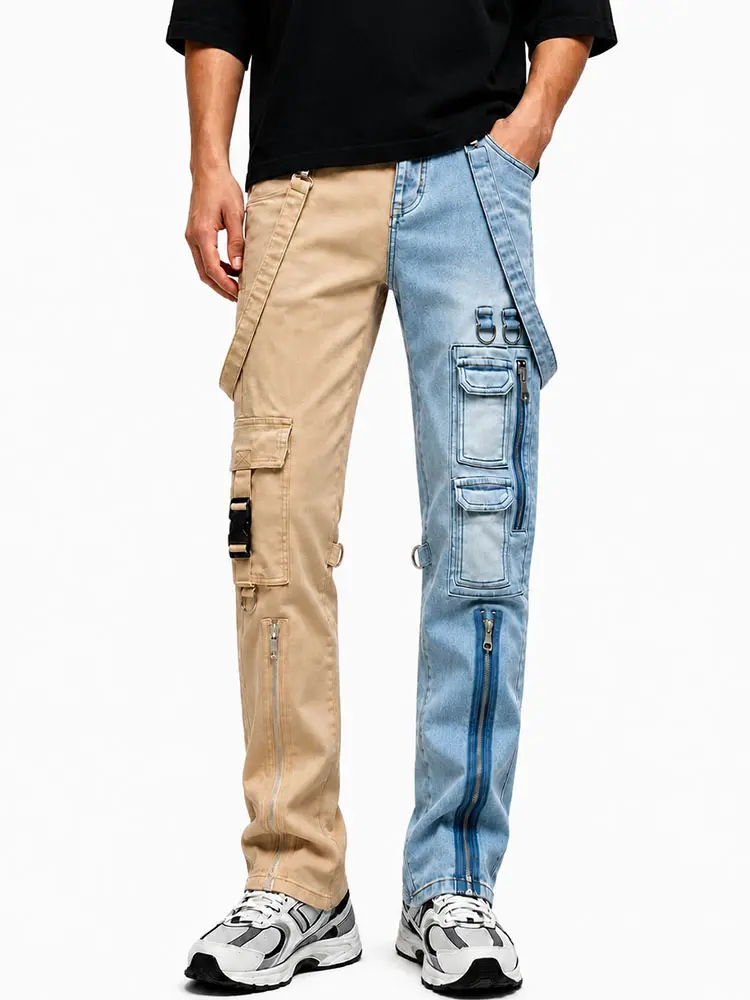 Men's Casual Baggy Cargo Jeans with a Roomy Straight Leg, Non-Stretch Denim with Multiple Pockets and Contrast Zipper, Menswear, Men’s Clothes