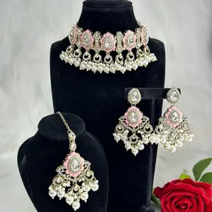 Elegant Premium Kundan With Ad Necklace With Earrings And Tikka Set