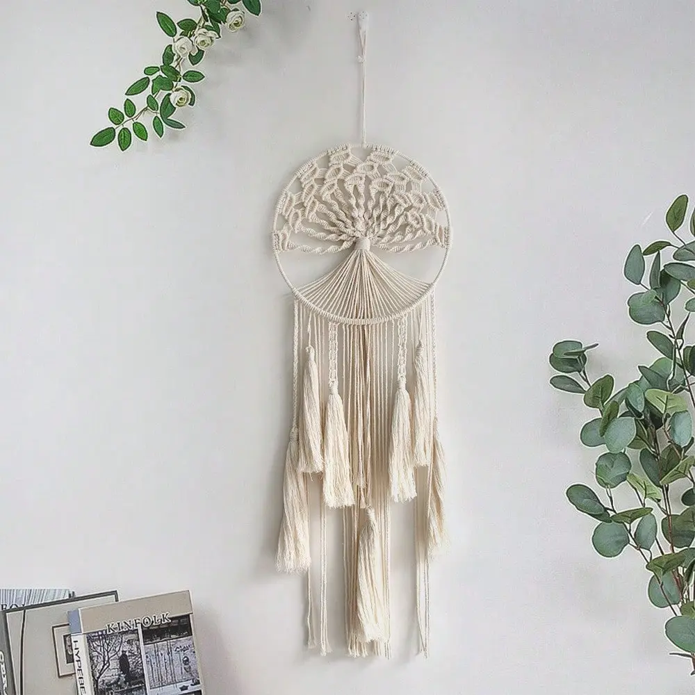Hangable Macrame Dream Catcher Wall Hanging - Boho Large Green Tree of Life Ornament, Handmade Tassel Feather Decor, Natural Cotton Fringe Pouch, Modern Chic Home Decor Items, Home Supplies for Kid Room, Mother's Day Gift