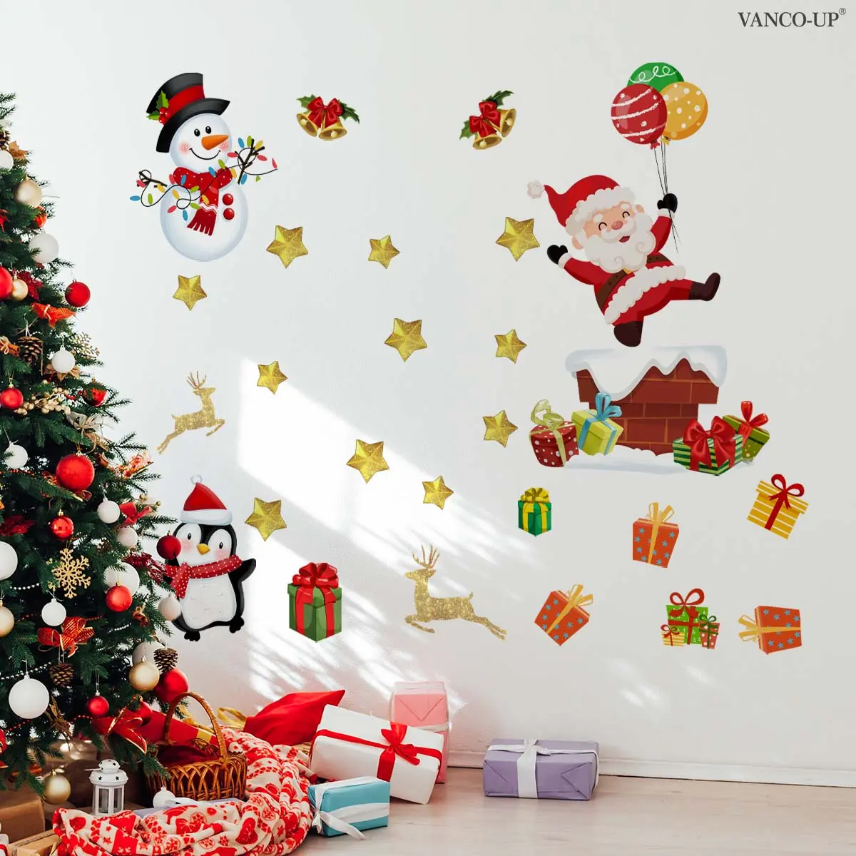 A 30*90cm self-adhesive Christmas snowman, Santa Claus and penguin flat wall sticker for home background decoration, M20331-KR