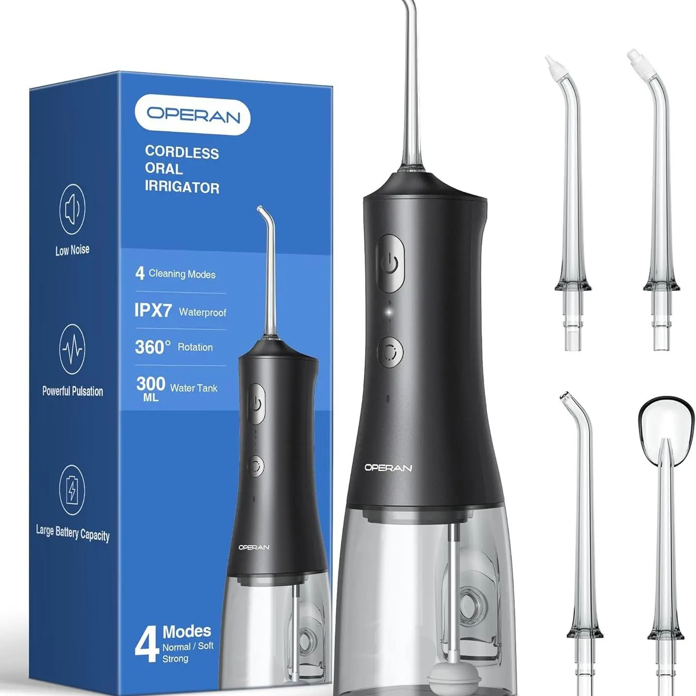 Operan Cordless Water Flosser - 45.5g Portable Dental Oral Irrigator, 300ml Water Tank, 4 Modes, 4 Nozzles, IPX7 Waterproof, USB Rechargeable Single Item for Travelers, Braces, Traditional Dental Floss Alternative (No Batteries Needed), 300 Water Tank