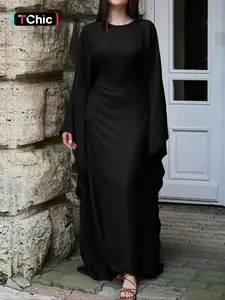 Women's Solid Color Loose-Fitting Batwing-Sleeve Long Dress, Casual Summer Woven Fabric Dress, Perfect for Relaxed Outings