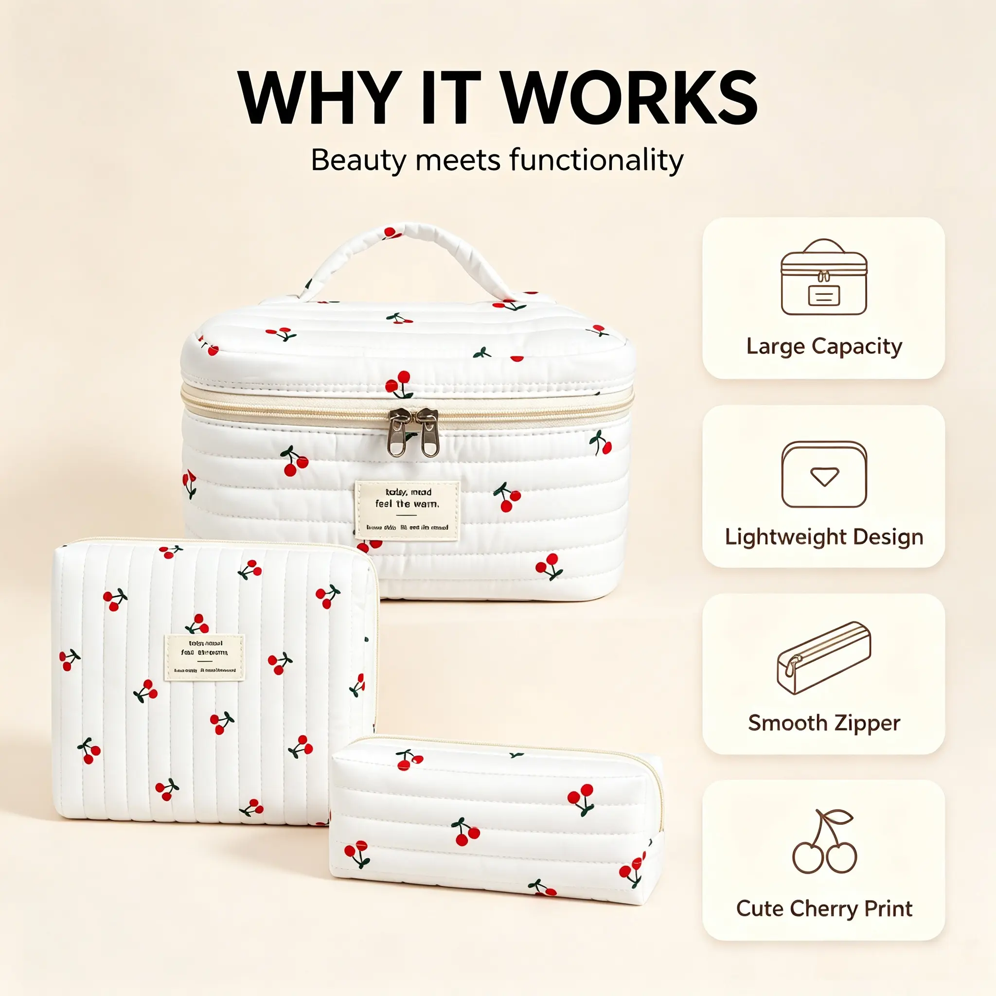 FeverLZong 3-Piece Quilted Cherry Motif Makeup Bag Set - Portable Vanity with Quilted Texture, Makeup Storage Organizer for Travel & Daily Use with Brush Pouch, 3-Piece Set, Cherry Design Make-Up Bags, Floral, Double-Layer Packaging, Cute, Polyester
