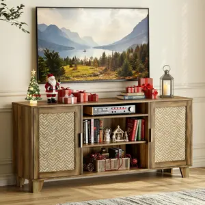 ONBRILL TV Stand for 65 Inch TVs, Boho TV Consoles Cabinet with Power Outlet, Modern Entertainment Center for Living Room, Media Console with Doors and Shelves, 2 Cable Management Holes