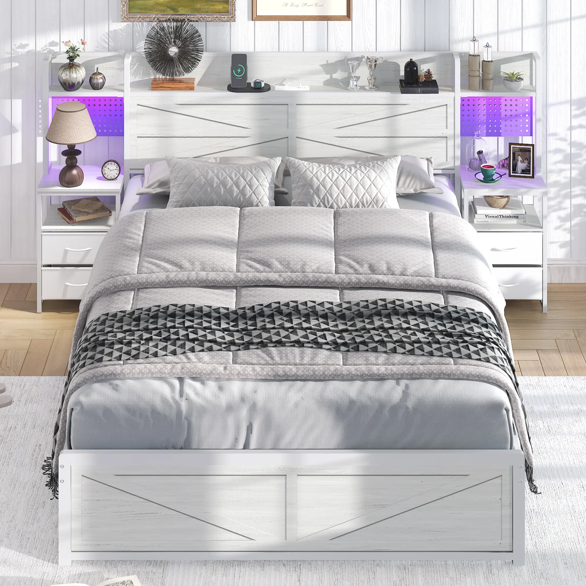Farmhouse Bed Frame with Built-in Nightstands, Storage Headboard, LED Lights & Charging Station, Sturdy Steel Platform Bed