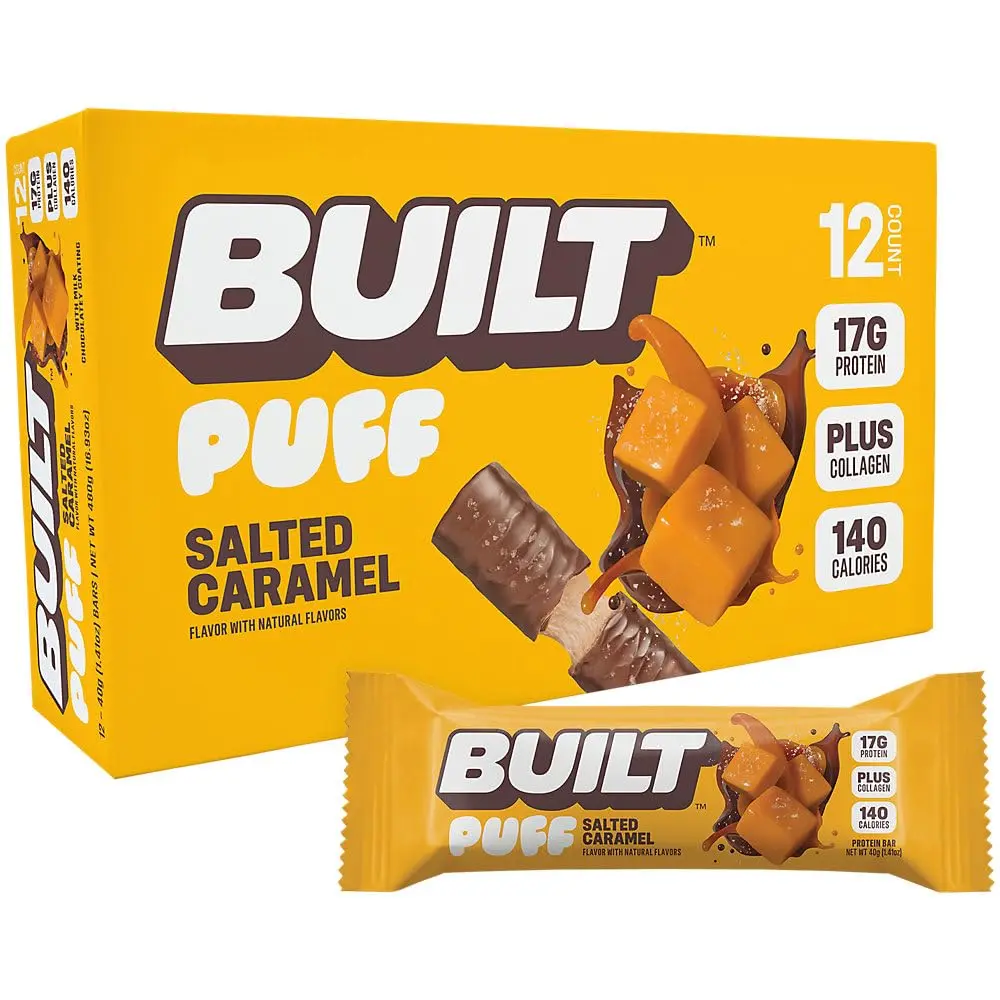 BUILT Puff Protein Bars, Salted Caramel, 17g Protein - 12 Count | Protein Snack Bar with Collagen, Calorie Conscious, Gluten Free Chocolate